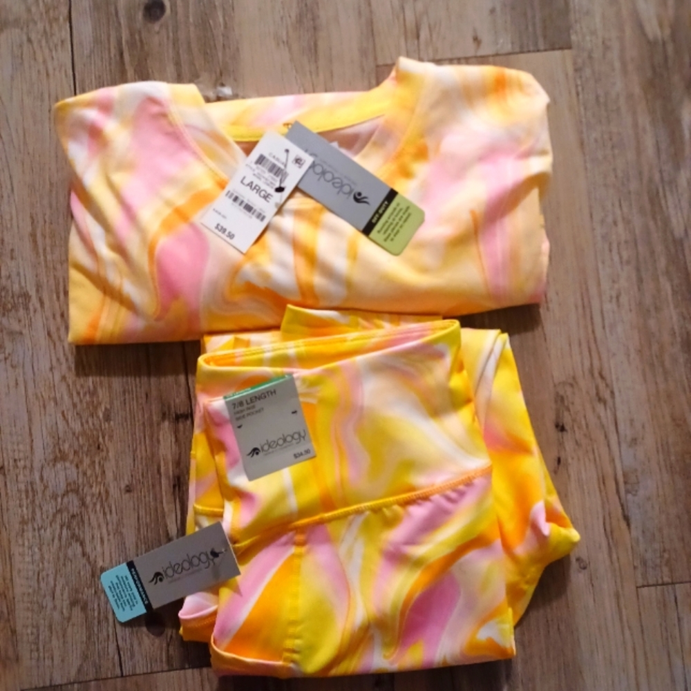 Ideology Yellow and Pink Tie Dye  Leggings & Crewneck Sweater jogger set Size L